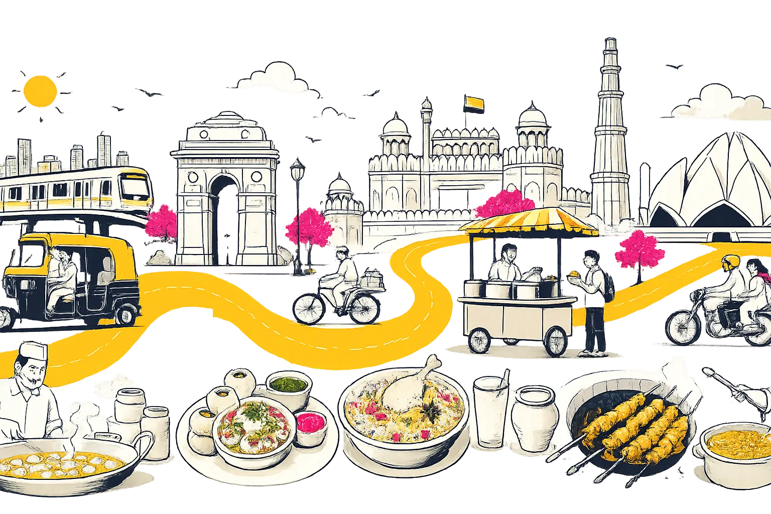 Hand-drawn North Indian gully scene - India Gate, Red Fort, food carts, biryani, kebabs and a yellow winding road