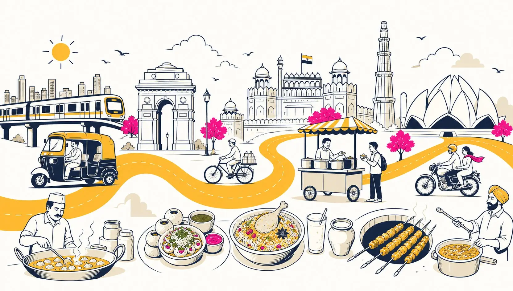 Hand-drawn North Indian gully scene — India Gate, Red Fort, food carts, biryani, kebabs and a yellow winding road